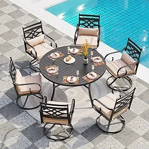 7- Pcs Patio Dining Set- Outdoor Table- 6- Chairs- Metal Frame- Steel Round Table- Chairs Can Be Swivel or Stationary - Image 8