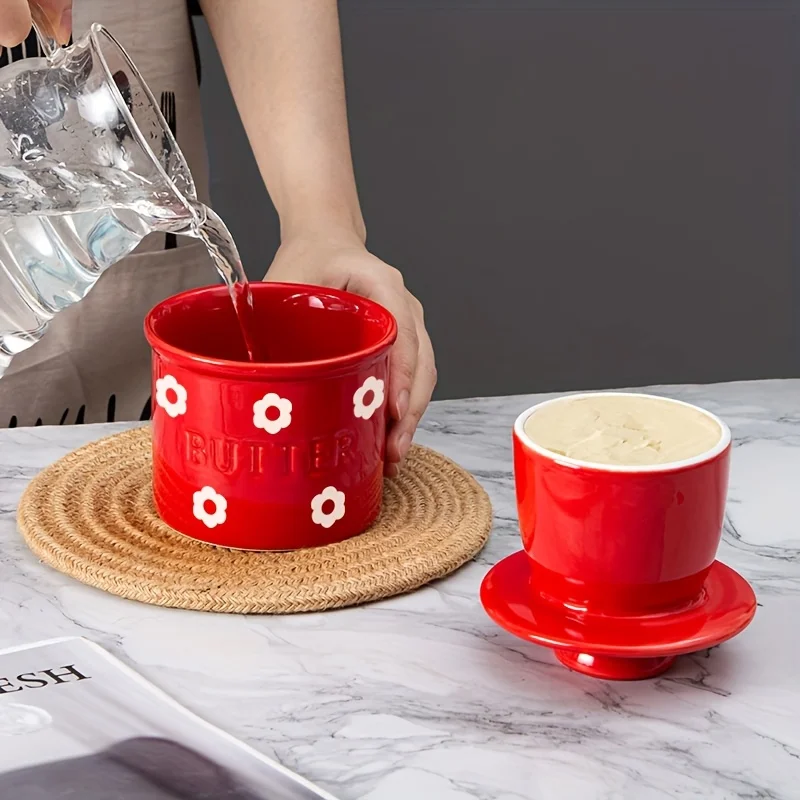 1-pc Covered Butter Dish- Flower-Patterned Ceramic French Butter Dish - Image 2