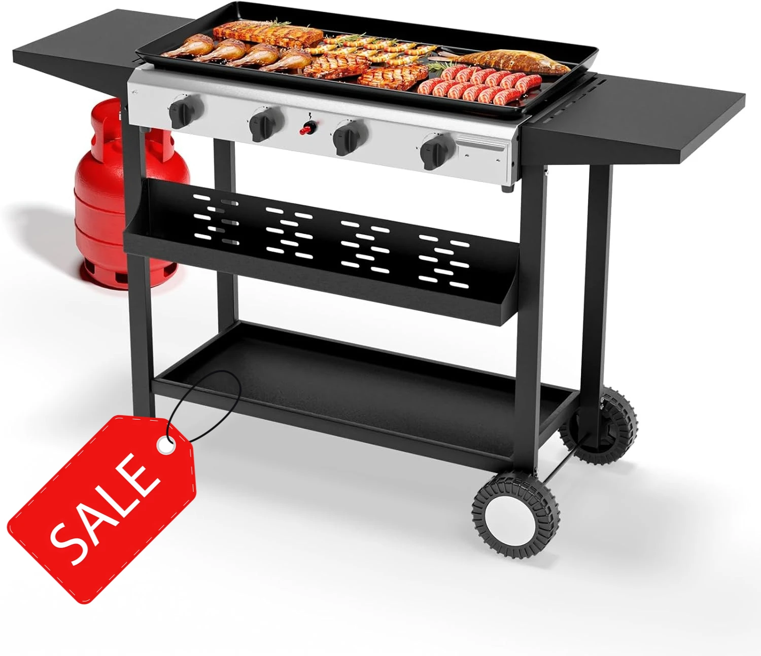 4-Burner Portable Propane Griddle- Nonstick Enameled Tray- 40000 BTU Rolling Flat Top Gas Grill- Electronic Ignition - Image 3