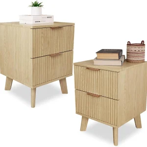 Fluted Nightstands Set of 2- 2 Drawer Dresser for Bedroom- Small Night Stand- Side Table- End Table- Walnut, Black, and Natural