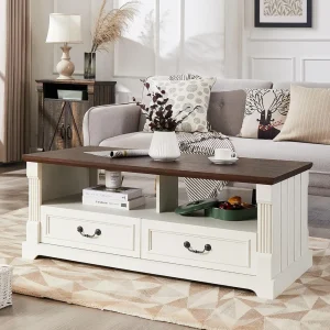 48'' Wood Coffee Table- Farmhouse Coffee Table with Storage- 4 Drawers