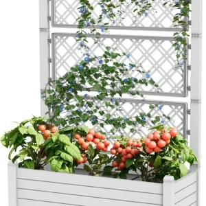 Elevated Garden Bed with Trellis - 43.43" x 18.27" x 64.29" Resin Planter Box w/Stand- Drain Plug & Water Monitor