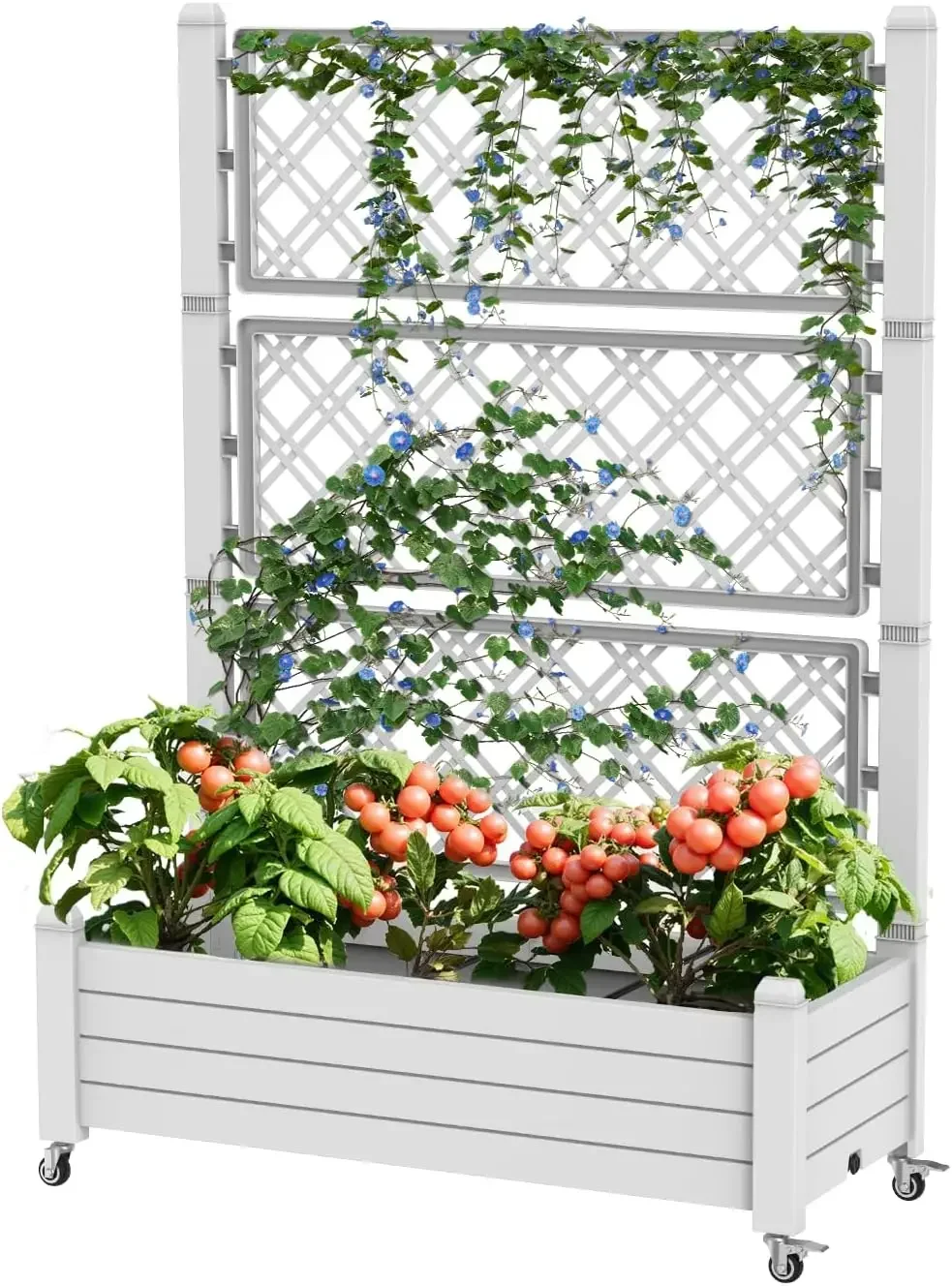 Elevated Garden Bed with Trellis - 43.43" x 18.27" x 64.29" Resin Planter Box w/Stand- Drain Plug & Water Monitor