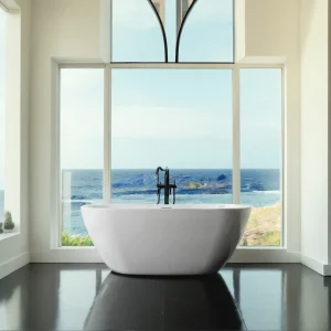 Sleek White Acrylic Freestanding Soaking Bathtub- Chrome Overflow and Drain