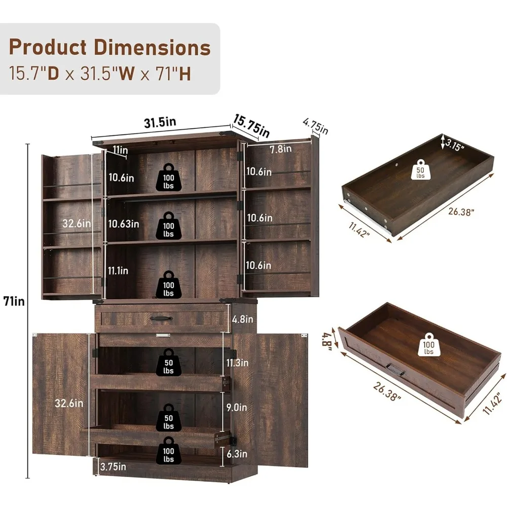 71"- Tall Kitchen Pantry/ Cabinet with 3 Drawers- Farmhouse Style with 6 Barn Door Shelves - Image 2