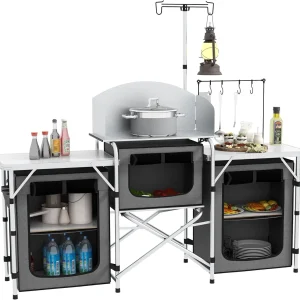 Camping/BBQ Table- Folding Cook Station with 3 Fabric Cupboards, and Carrying Bag