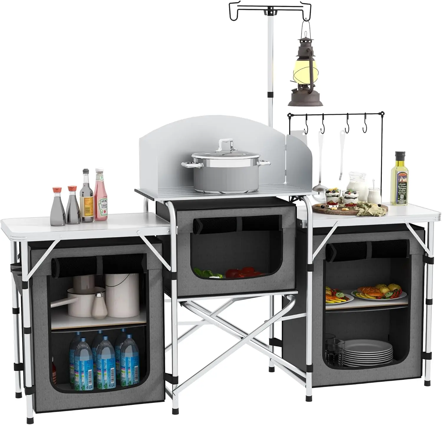 Camping/BBQ Table- Folding Cook Station with 3 Fabric Cupboards, and Carrying Bag