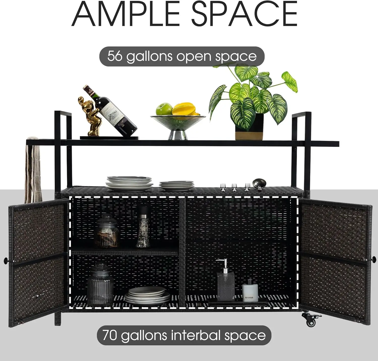 Outdoor Bar Cart Table - Patio Storage Cabinet- BBQ Grill Cart- Buffet with Wheels- Waterproof Wicker Serving Table - Image 2