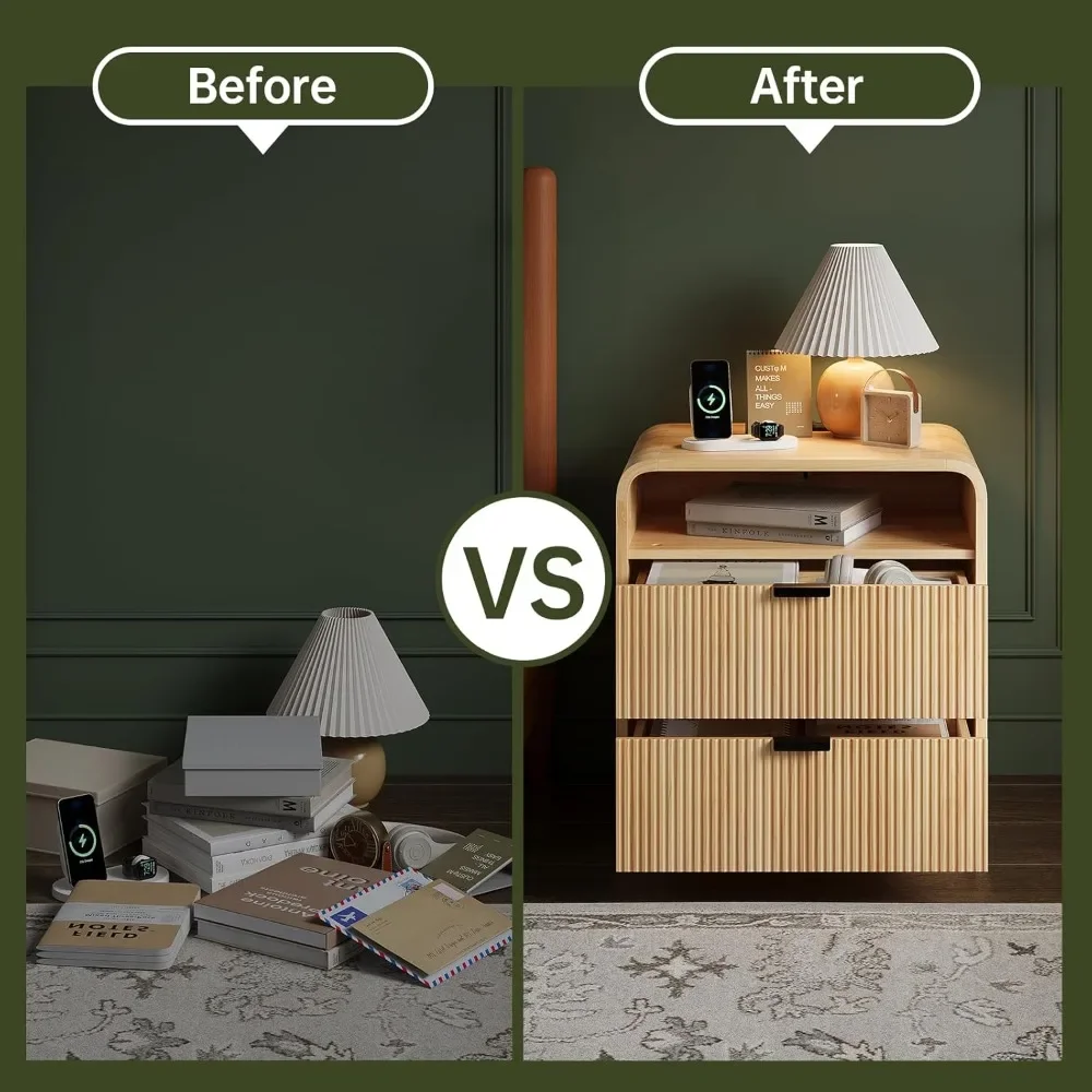 24" Fluted Nightstand/Side Table with Charging Station- 2 Drawers- Natural Oak, White, or Walnut - Image 5