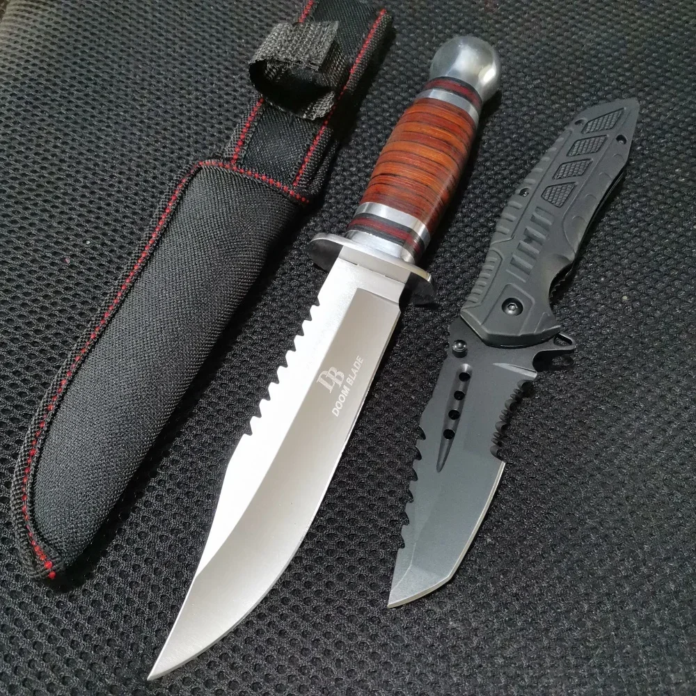 Combo Set: 10.43" Fixed Blade & 8.39" Folding Knife - For Outdoor Camping, Hunting and Survival
