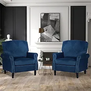 Blue Accent Chairs for Living Room- Set of 2- Upholstered Armchairs- Comfy Velvet Chairs w/Wood Legs & Nailhead Trim - Image 7