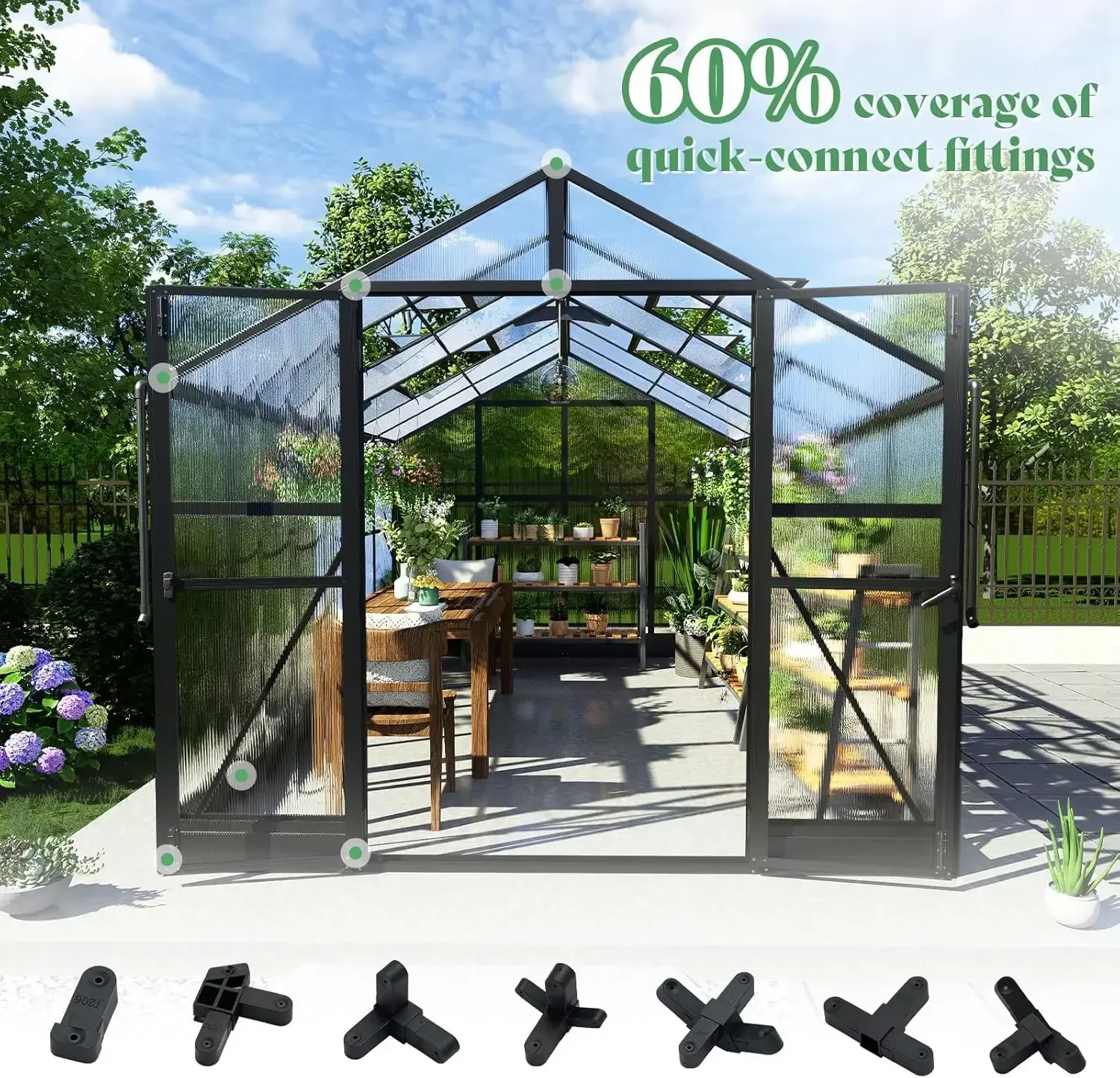8x12x7 FT Polycarbonate Greenhouse- Walk-in Greenhouse with Quick-Connect System- 4 Vent Windows - Image 2