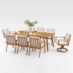 9-Piece Outdoor Patio Furniture Set- Aluminum Dining Table with 2 Swivel Chairs- Teak Finish- for Patio and Garden Use