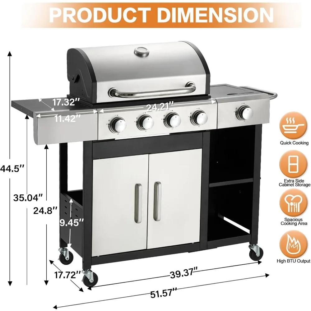 4-Burner Propane Gas Grill with Side Burner & Cabinet - 49,000 BTU- Stainless Steel BBQ Grill- Porcelain-Enameled Cast Iron Grate - Image 3