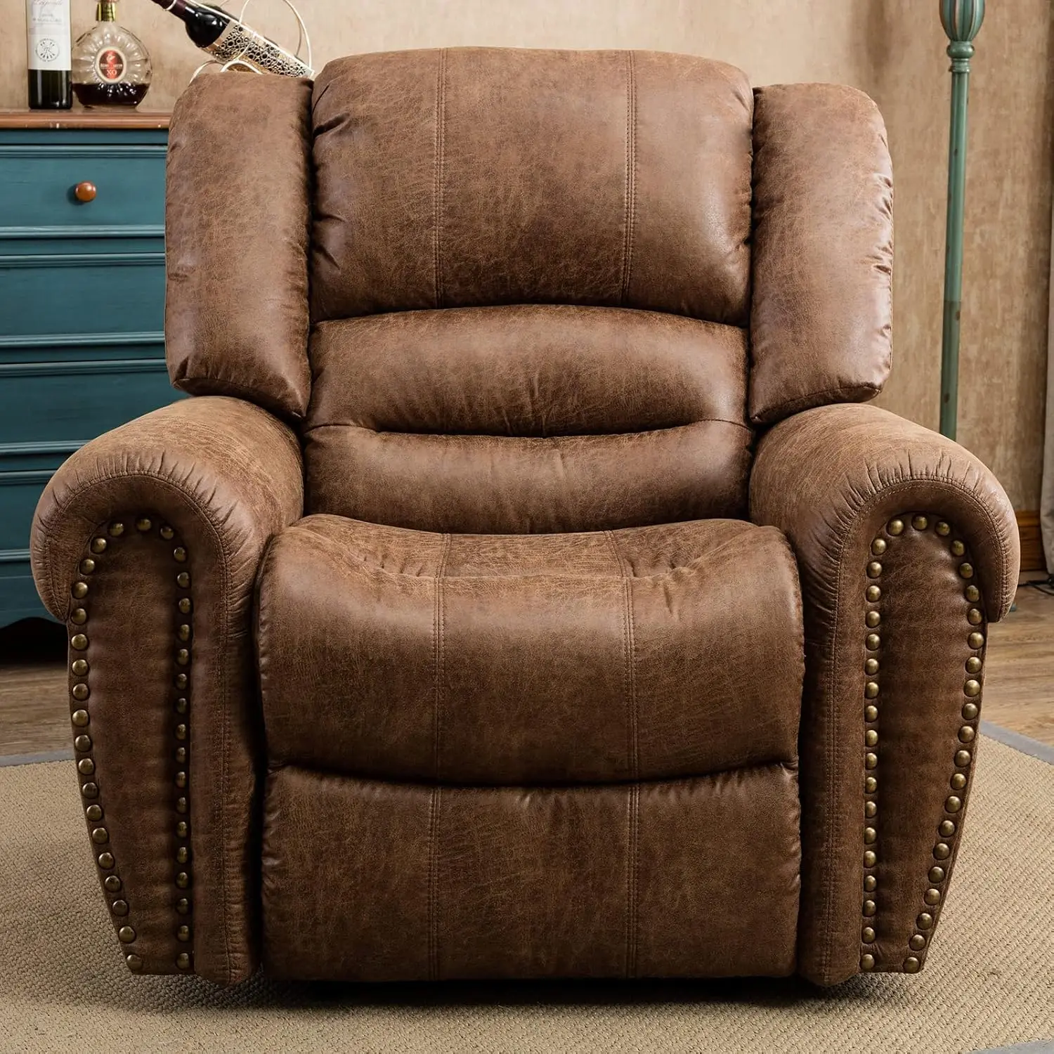Leather Recliner Chair- Classic and Traditional- Manual Recliner Chair with Comfortable Arms and Back- Nut Brown - Image 3