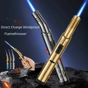 Outdoor Windproof Butane Gas Lighter- Turbo Torch- Strong Blue Flame- Barbecue Lighter