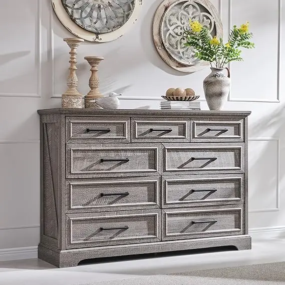 Farmhouse 9 Drawer Dresser- 36-Inch Tall Dresser/ TV Stand with Large Drawers- Bar Handles- Rustic Wood- 5 Color Finishes - Image 11