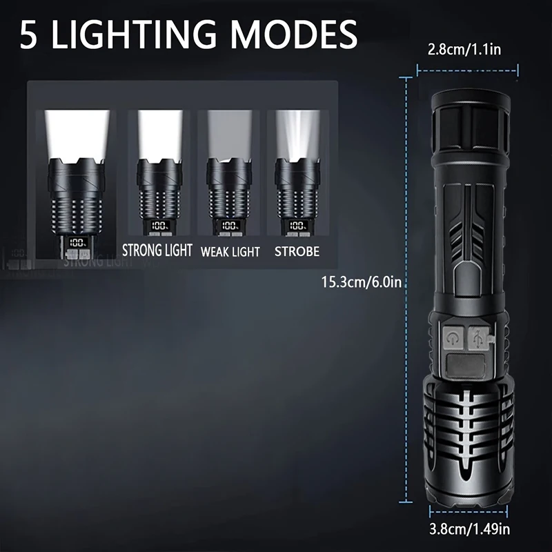 High-Lumen, Tactical Flashlight - 5 Modes- Waterproof- Rechargeable- High Brightness- Durable ABS for Outdoor, Camping, Emergency - Image 5