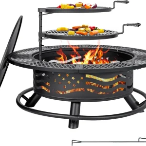 42-Inch Fire Pit- 2 Cooking Grates-Outdoor Wood Burning BBQ Grill/ Fire Pit with Cover Lid