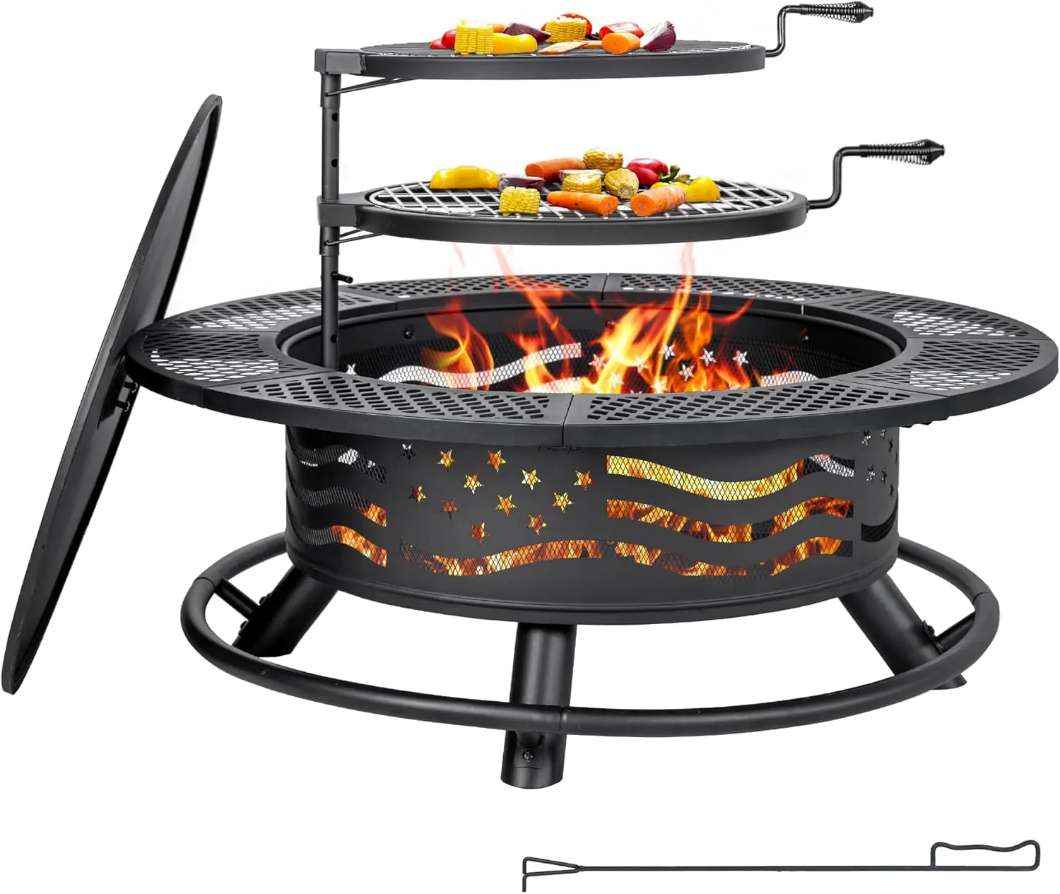 42-Inch Fire Pit- 2 Cooking Grates-Outdoor Wood Burning BBQ Grill/ Fire Pit with Cover Lid