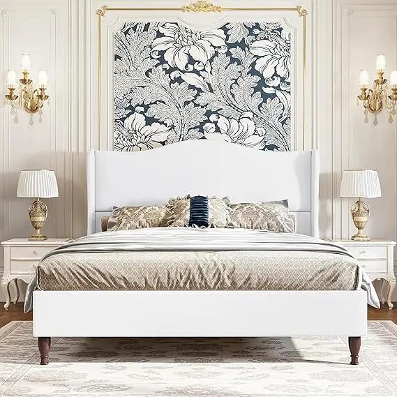 Full-Size Bed Frame- Upholstered Platform Bed- 51" Tall Wingback Headboard- Soft Fabric- 3 Colors - Image 8