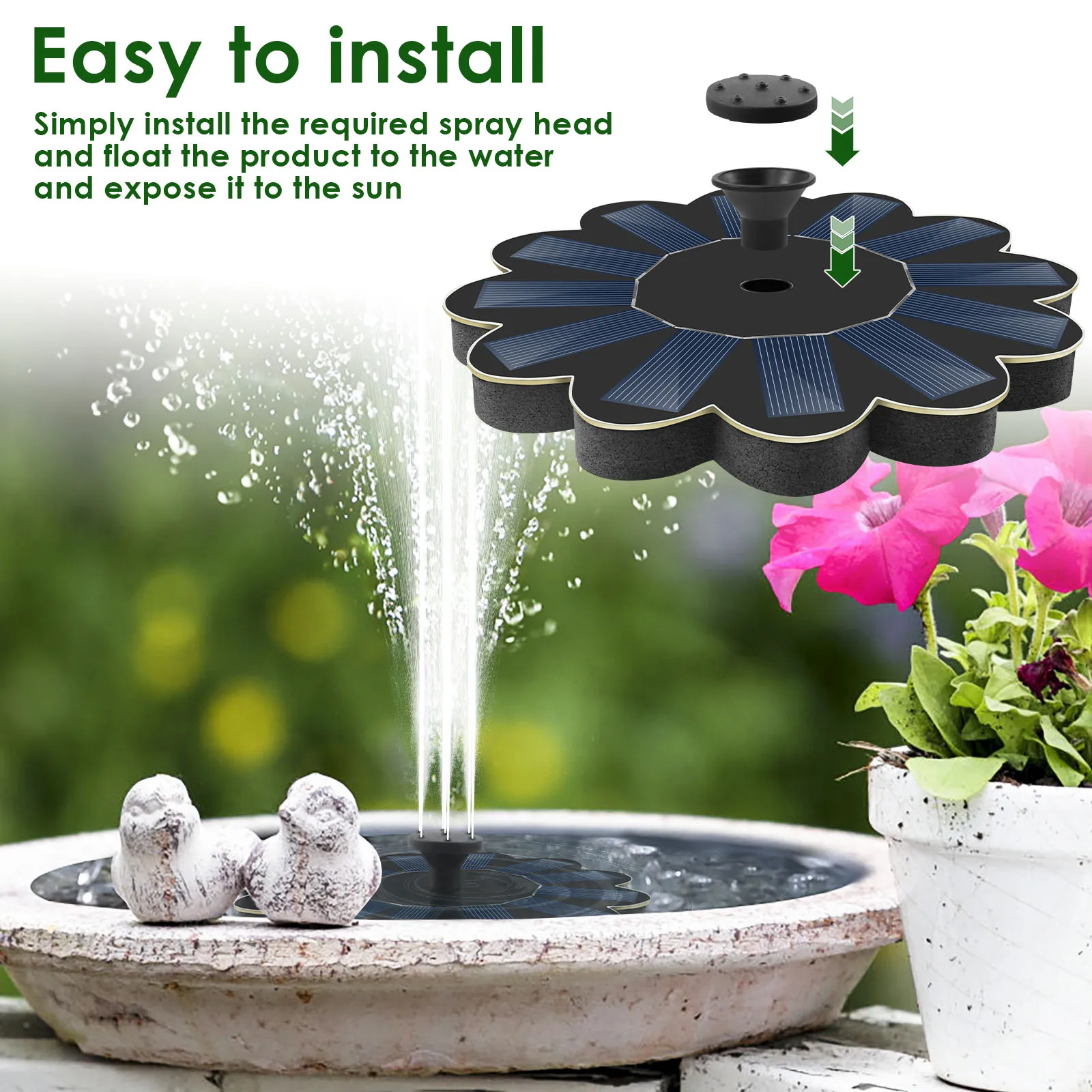 Solar Fountain Pump- Bird Bath Fountain- Floating Decor With 5 Nozzles- Solar Panel - Image 4