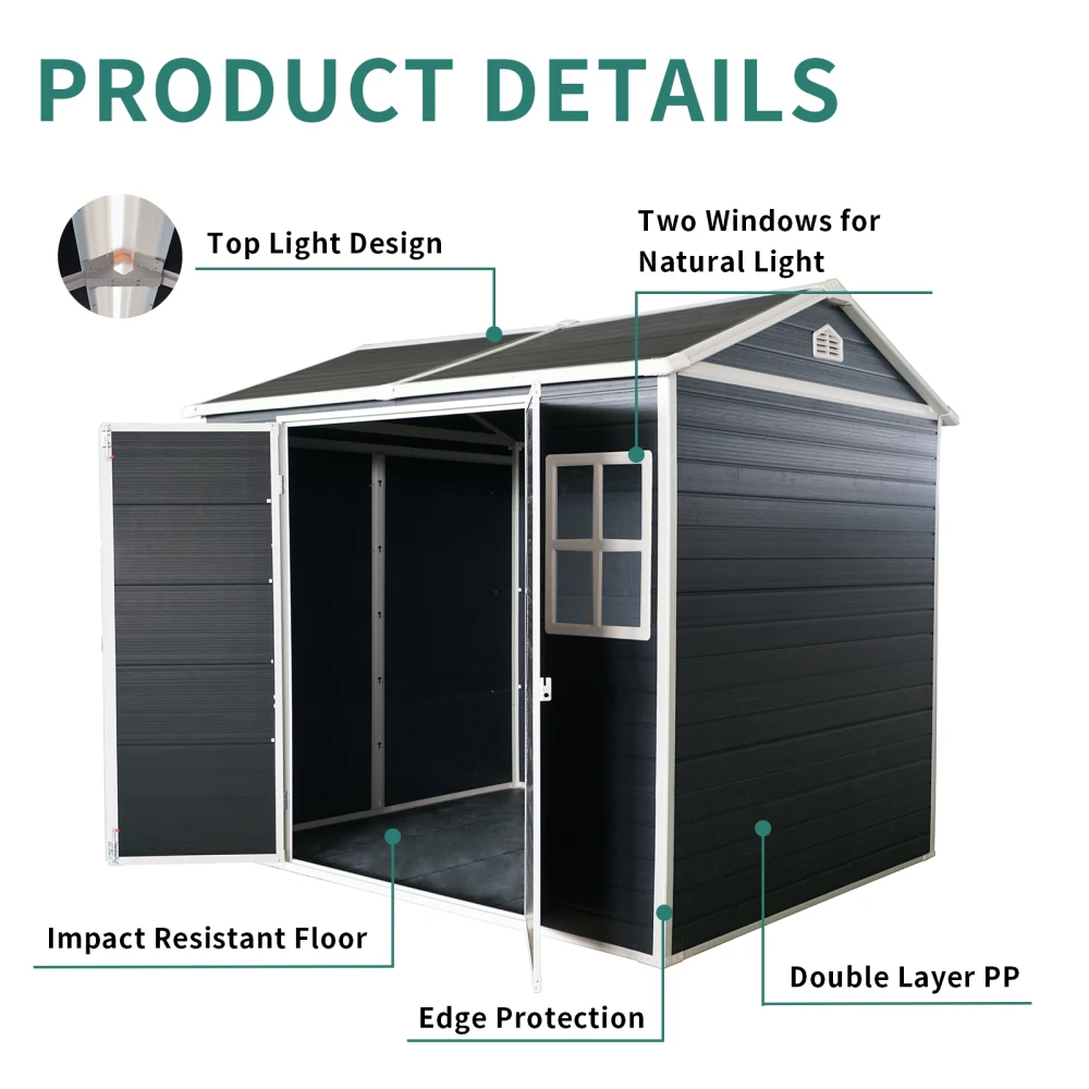 8x6ft Outdoor Resin Garden Shed with Floor and 2 Windows- Plastic Patio Storage Shed with Lockable Door - Image 5