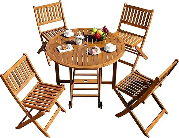 5-Piece Patio Dining Set- Acacia Wood Furniture- All-Weather Folding Round Table and Chairs for Backyard, Balcony, Porch, - Image 7