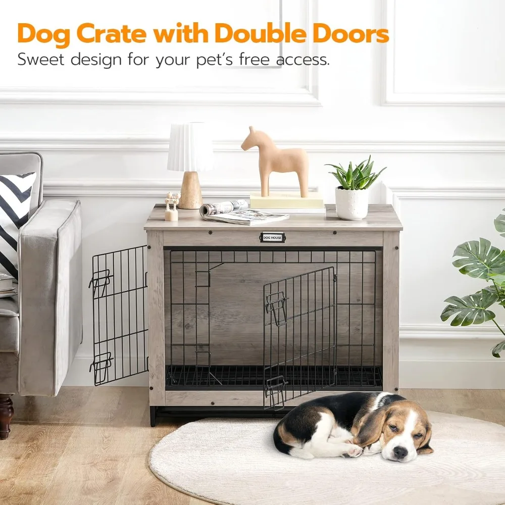 Dog Crate Furniture- 32.5" Medium Dog Indoor Kennel- Wooden Cage with Pull-Out Tray- Double Doors - Image 2