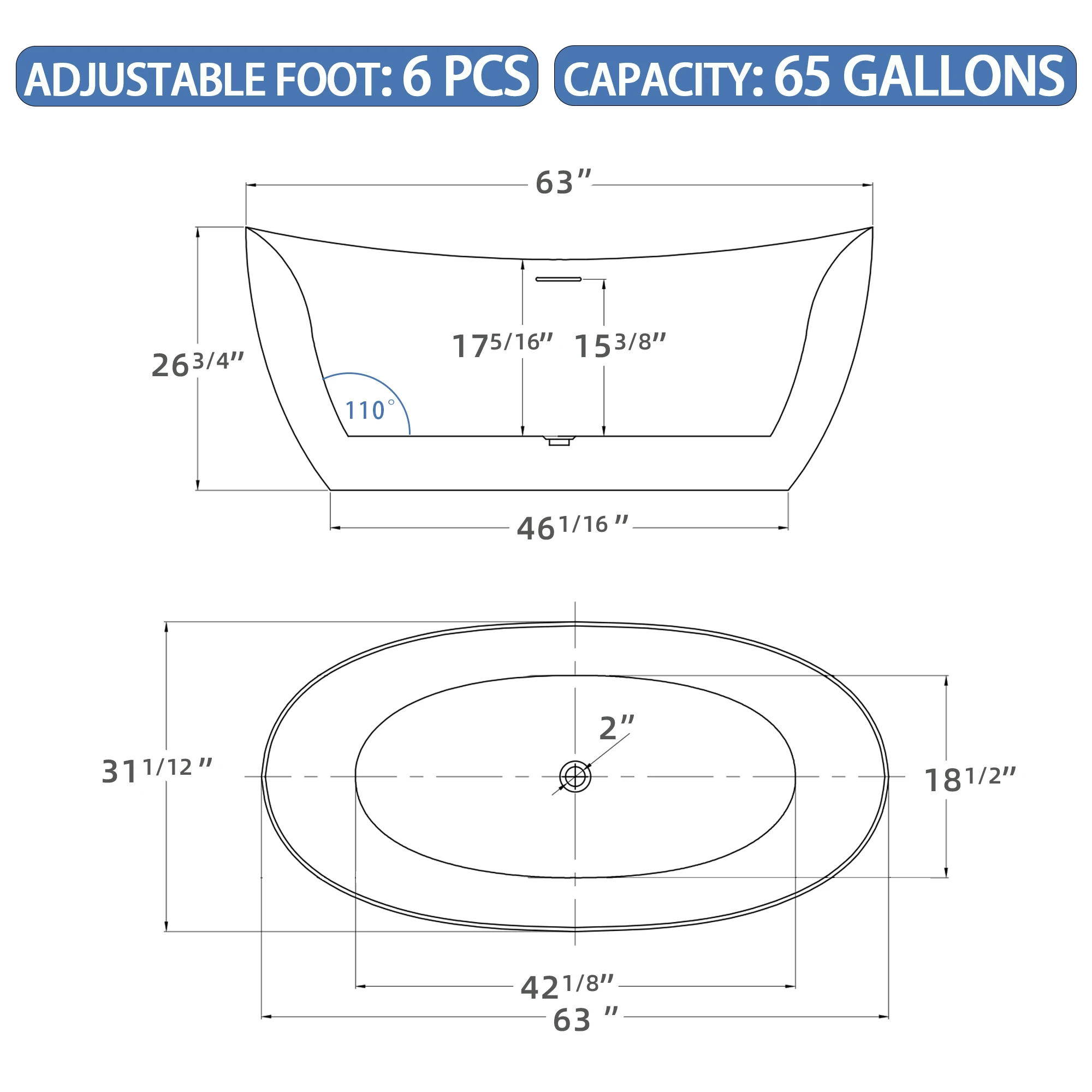 63" Acrylic Free Standing Tub - Classic Oval Shaped Soaking Tub- Adjustable Freestanding Bathtub with Integrated Slotted Overflow - Image 3