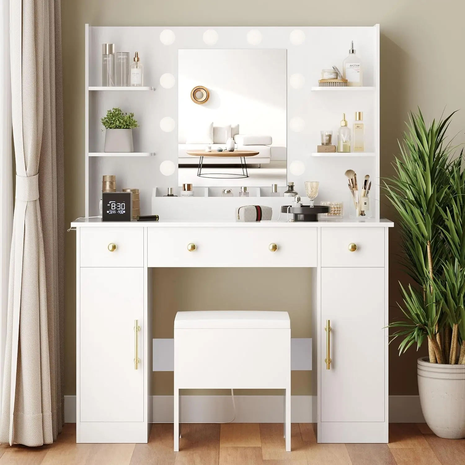 Vanity Desk with Mirror and Lights- 43" White Makeup Vanity Set- 5 Drawers & Glass Cabinets- Storage Stool- Power Outlet - Image 8