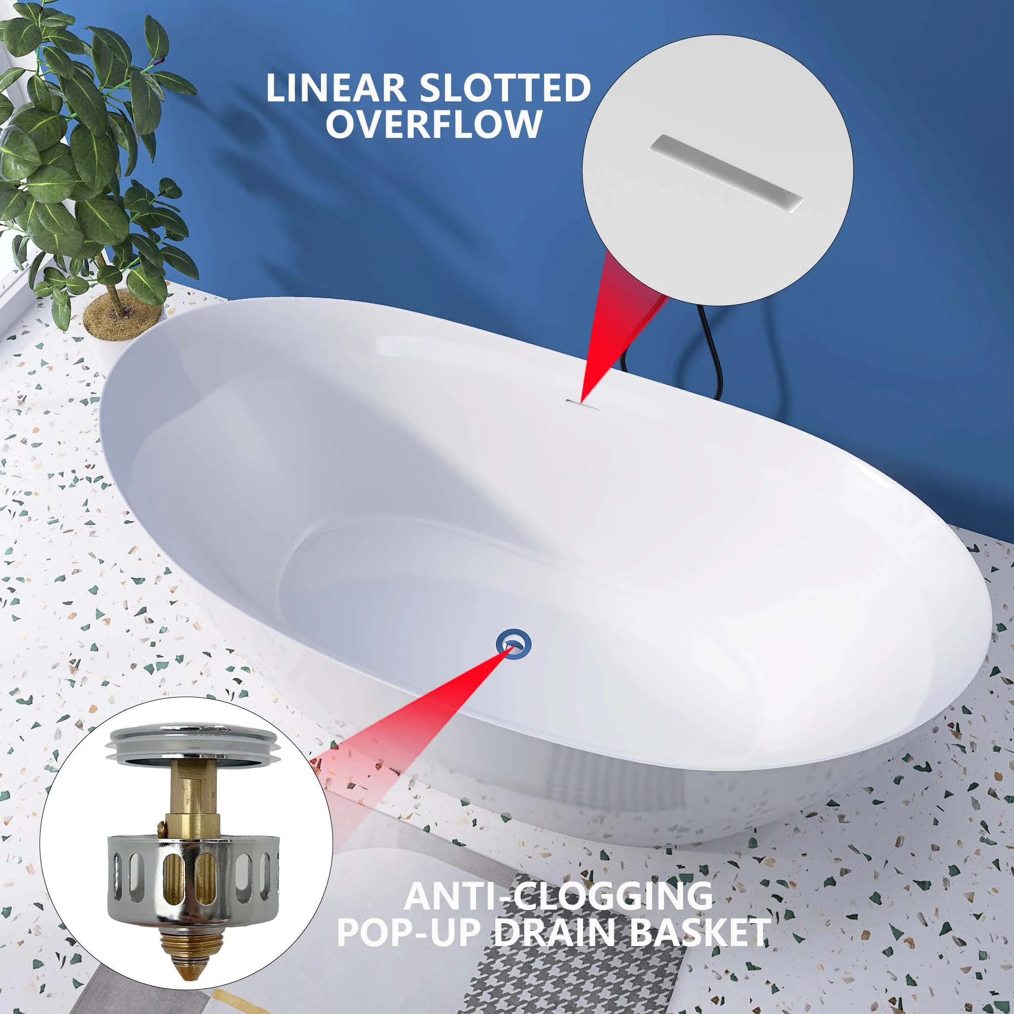 63" Acrylic Free Standing Tub - Classic Oval Shaped Soaking Tub- Adjustable Freestanding Bathtub with Integrated Slotted Overflow - Image 6