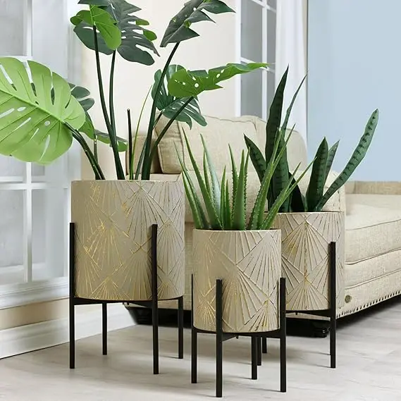 Indoor/Outdoor Planters- Set of 3 Floor Plant Pots with Stands- Decorative Metal Flower Pots - Image 8