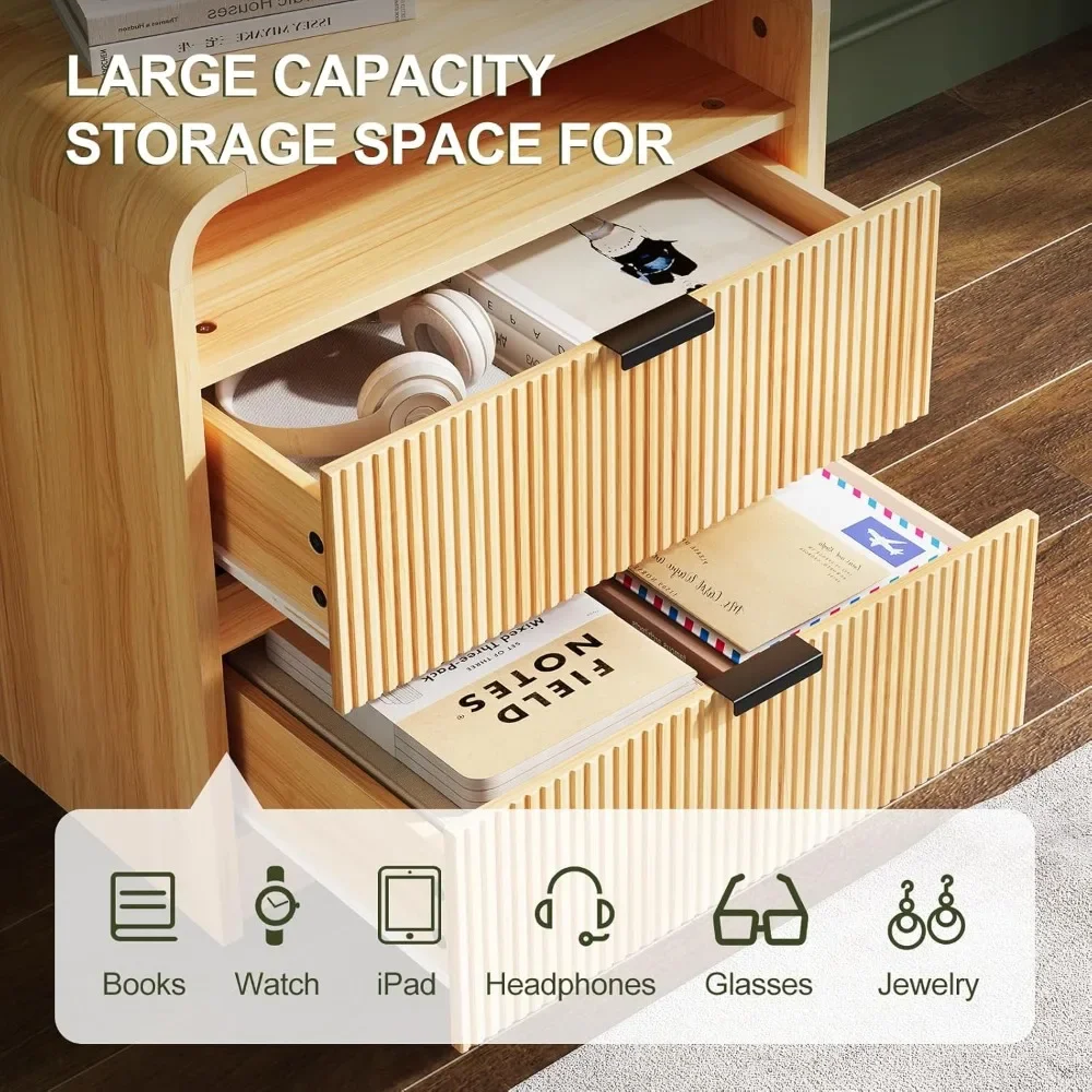 24" Fluted Nightstand/Side Table with Charging Station- 2 Drawers- Natural Oak, White, or Walnut - Image 3