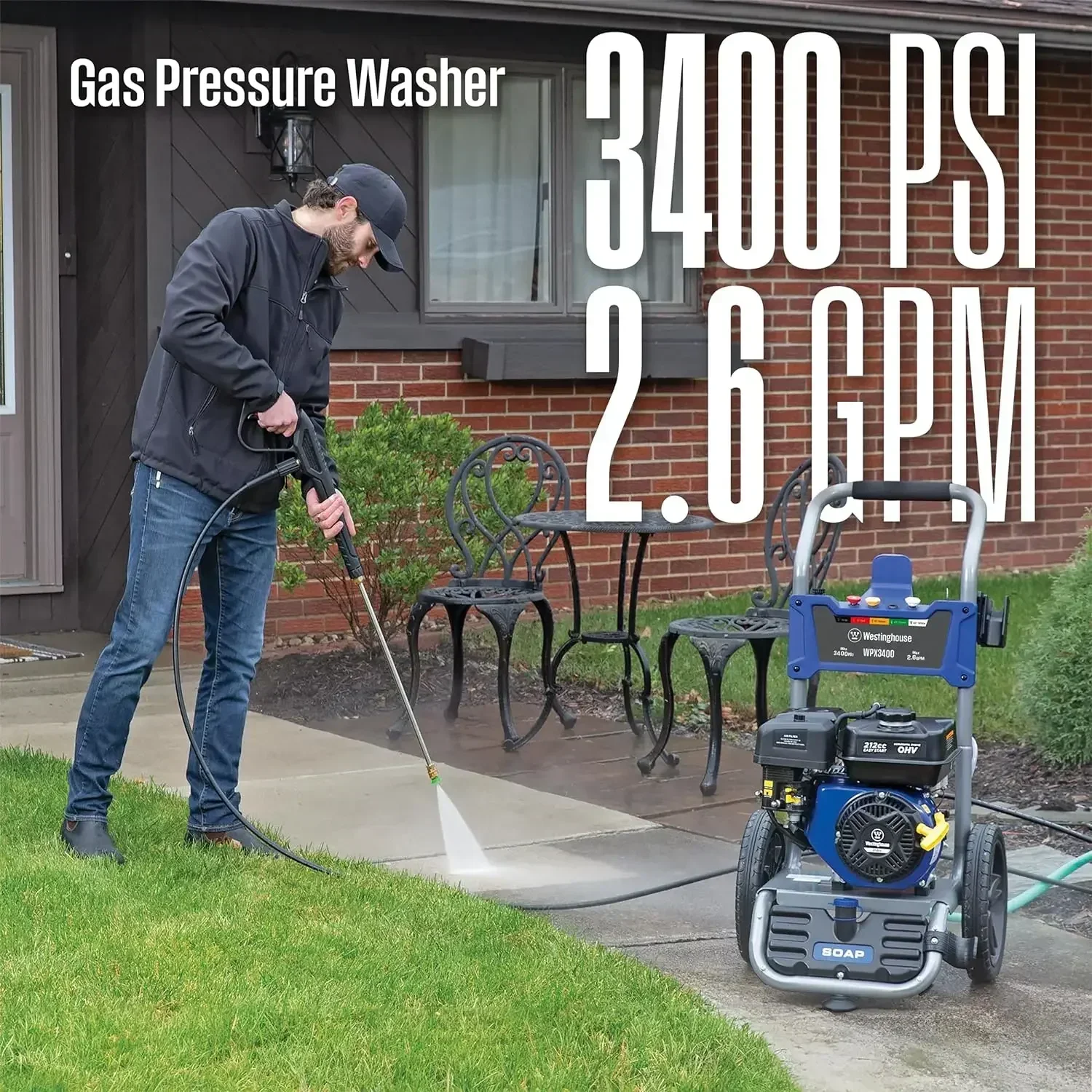 Westinghouse Gas Pressure Washer- 3400 PSI- 2.6 Max GPM- Onboard Soap Tank- Spray Gun and Wand - Image 2
