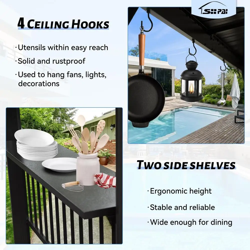 6.5x12 FT Hardtop Grill Gazebo- All-Weather- BBQ Shelter with Side Shelves and Ceiling Hooks- Galvanized Steel Frame - Image 4