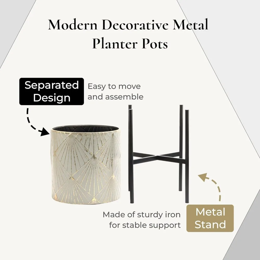 Indoor/Outdoor Planters- Set of 3 Floor Plant Pots with Stands- Decorative Metal Flower Pots - Image 4