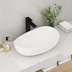 Oval, Stone Resin Bathroom Sink- Modern Art Sink- Matte White with Pop Up Drain (Glossy White) - Image 8