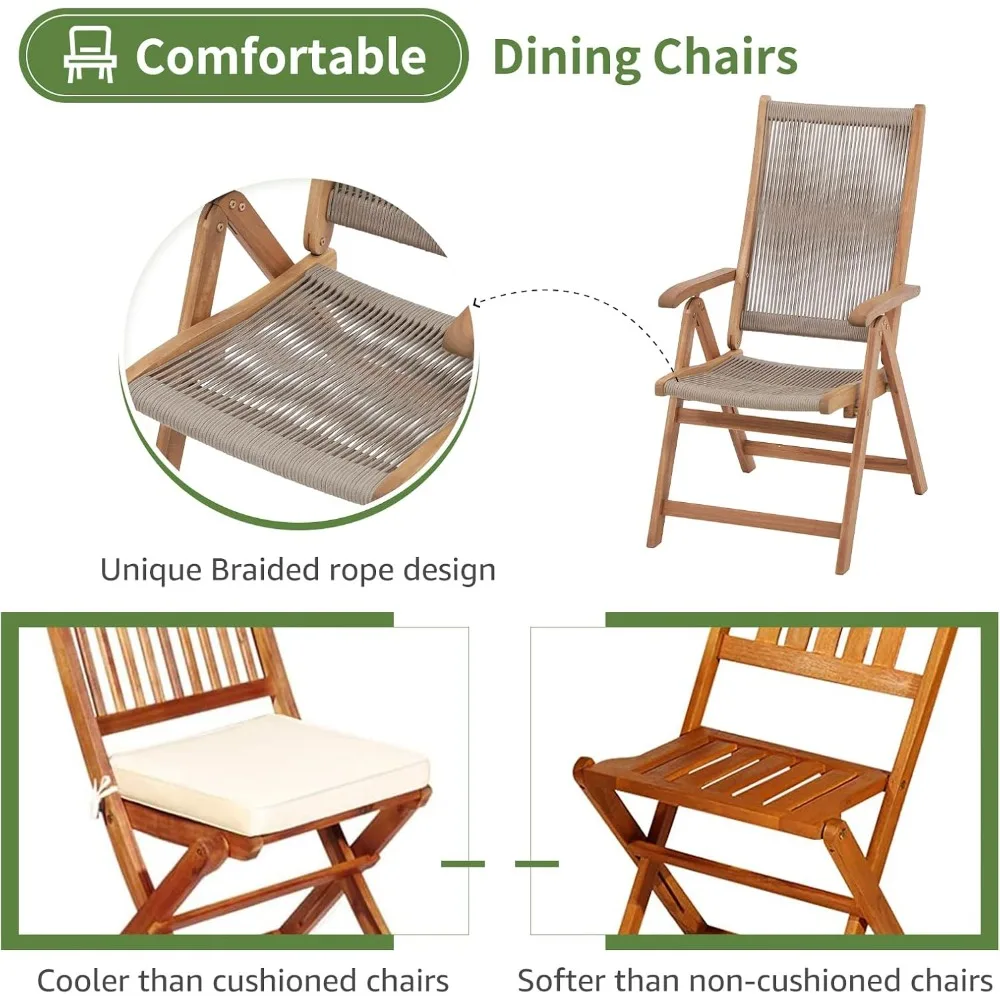 Casual Acacia 7-Piece Patio Dining Set- 6 Foldable Acacia Wooden and Rope Chairs and Large Table - Image 2