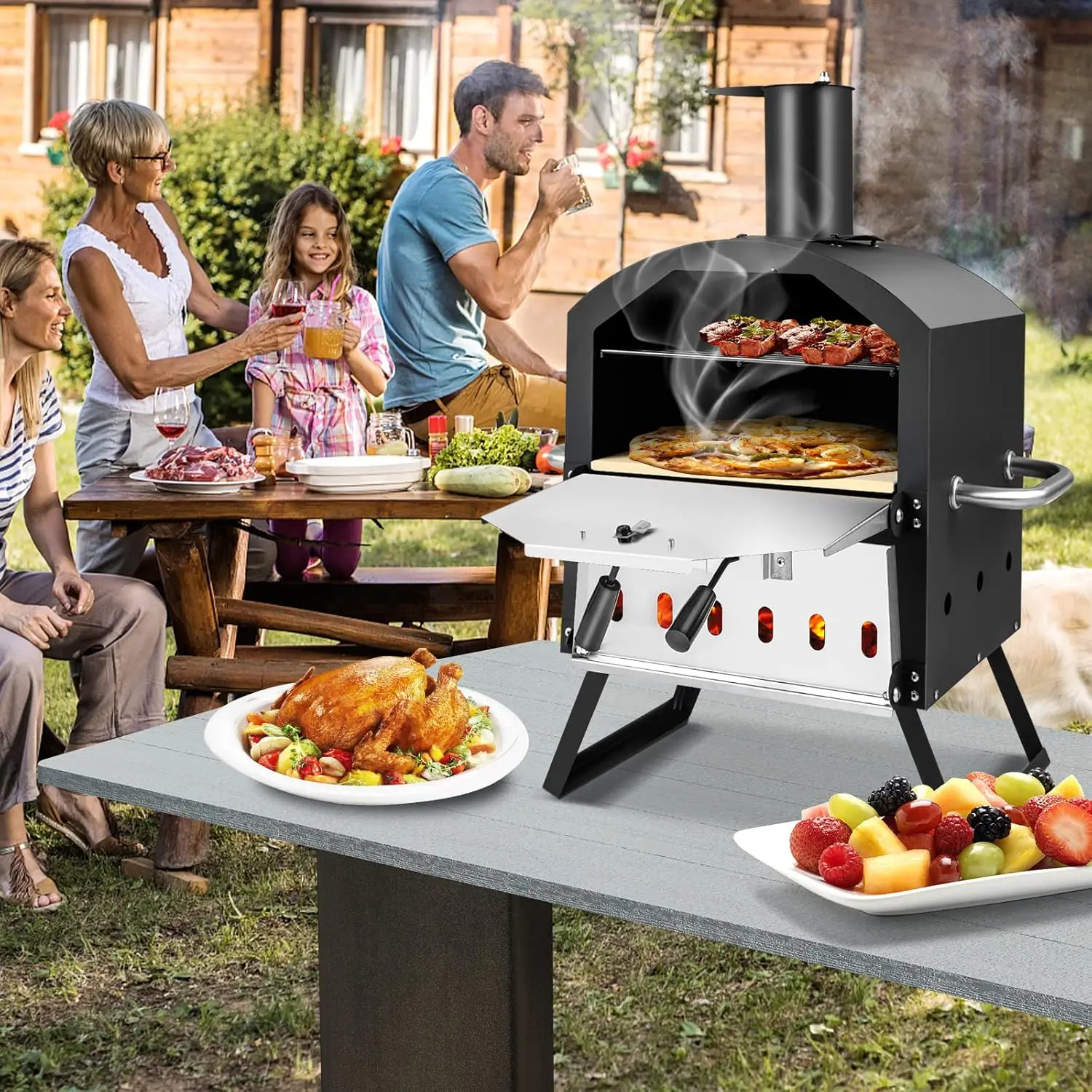 Outdoor Wood-Fired Pizza Oven- 2-Layer Pizza Maker with Pizza Stone, Pizza Peel, Removable Cooking Rack, and Waterproof Cover - Image 2