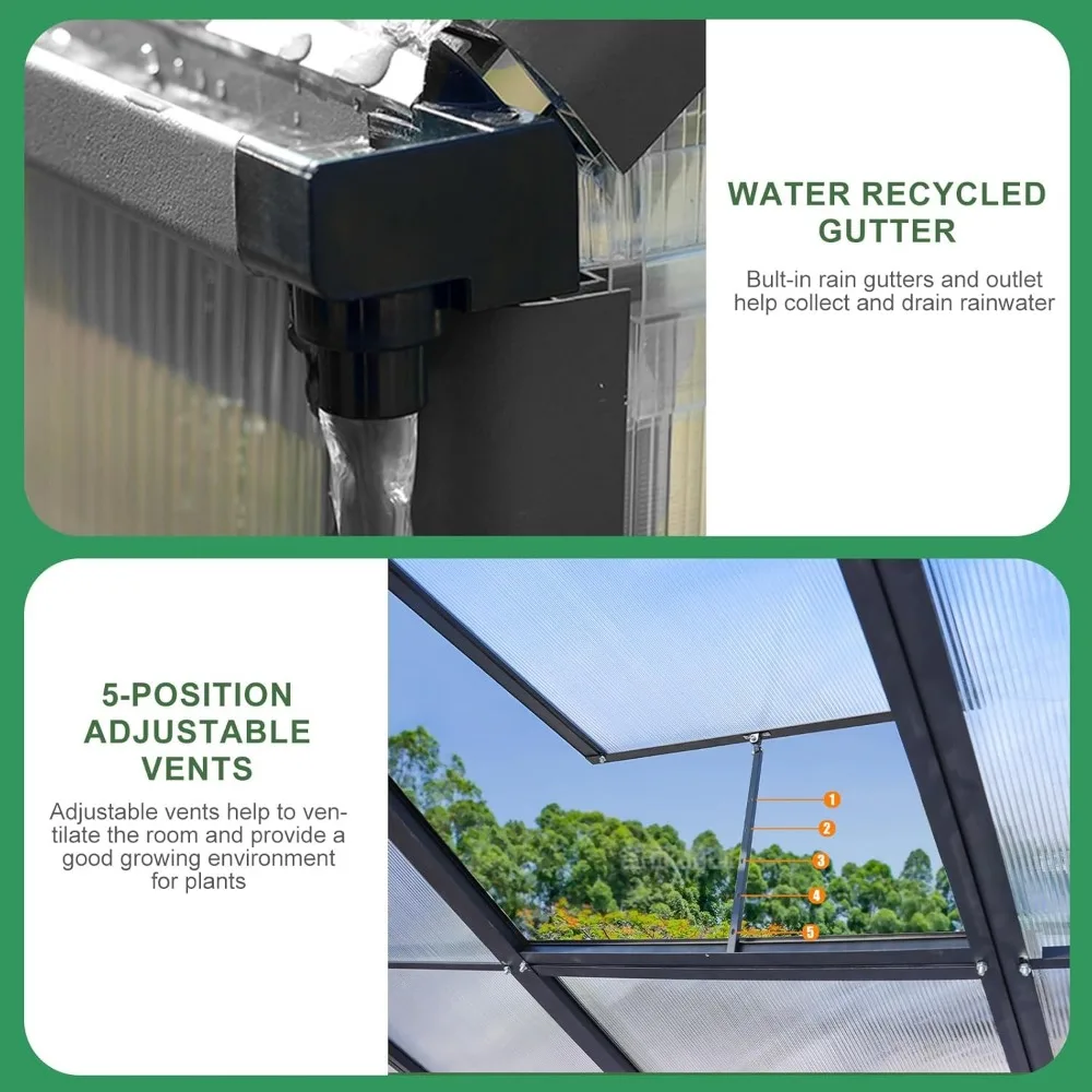 6 x 12 FT Polycarbonate Greenhouse- Heavy-Duty Aluminum Greenhouses Kit with Rain Gutter and Vent - Image 5