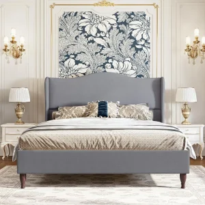 Full-Size Bed Frame- Upholstered Platform Bed- 51" Tall Wingback Headboard- Soft Fabric- 3 Colors