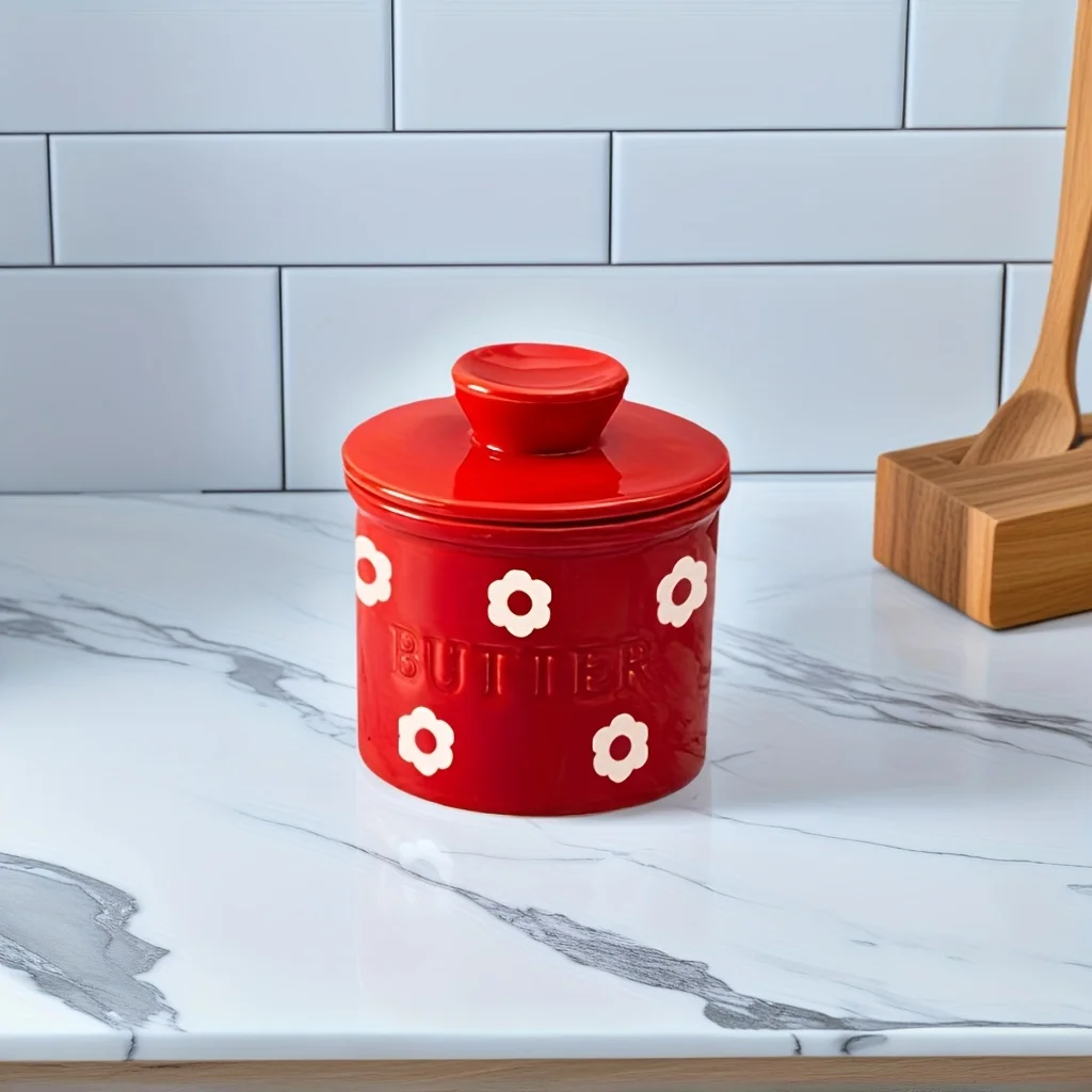 1-pc Covered Butter Dish- Flower-Patterned Ceramic French Butter Dish - Image 4