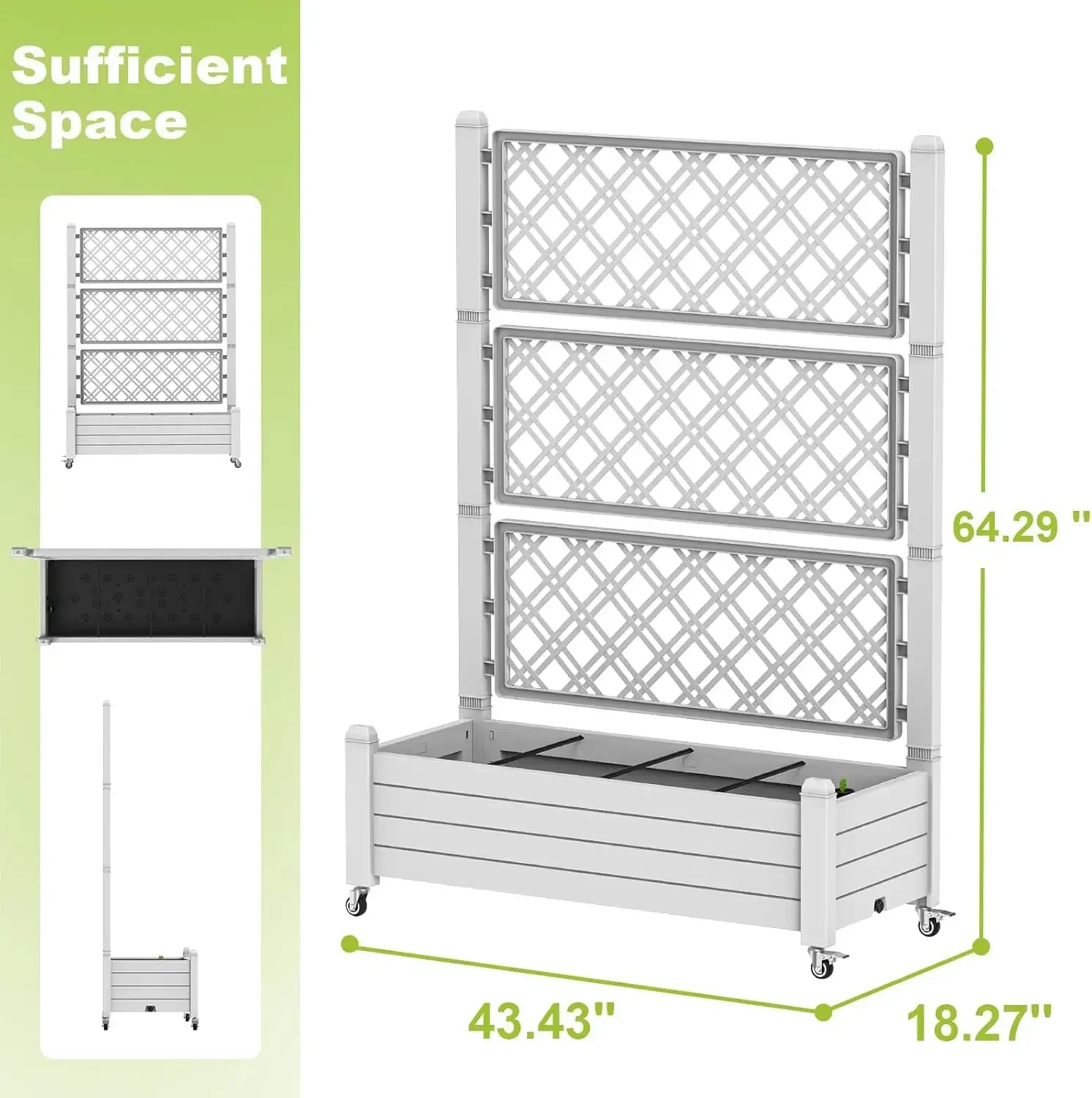 Elevated Garden Bed with Trellis - 43.43" x 18.27" x 64.29" Resin Planter Box w/Stand- Drain Plug & Water Monitor - Image 2