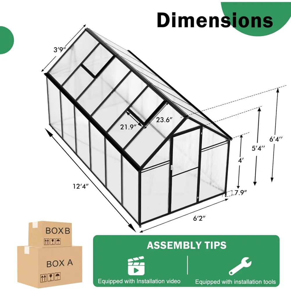 6 x 12 FT Polycarbonate Greenhouse- Heavy-Duty Aluminum Greenhouses Kit with Rain Gutter and Vent - Image 2