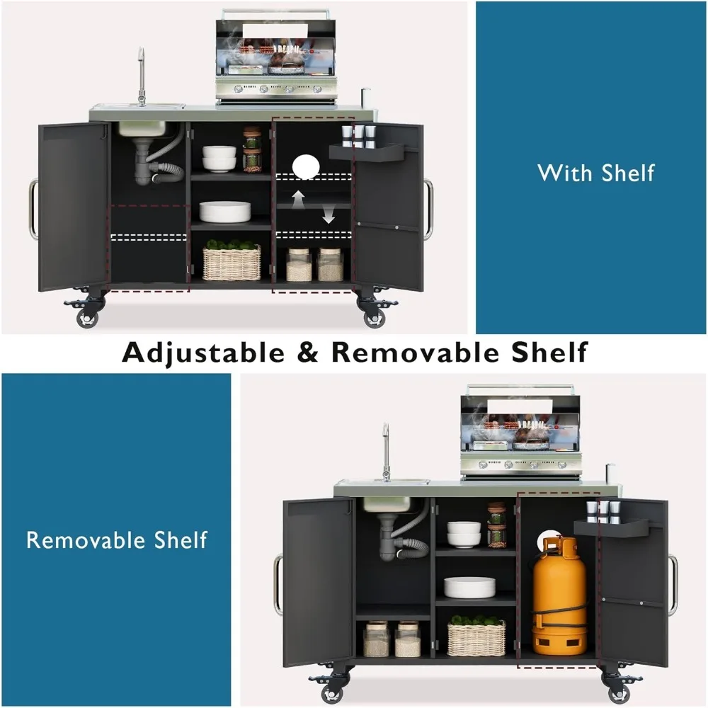 Kitchen Island with Sink- Metal Grill Cart- 304 Stainless Steel Sink- 55.5 Inch Outdoor Bar Cart Station with 4 Lockable Castors - Image 4