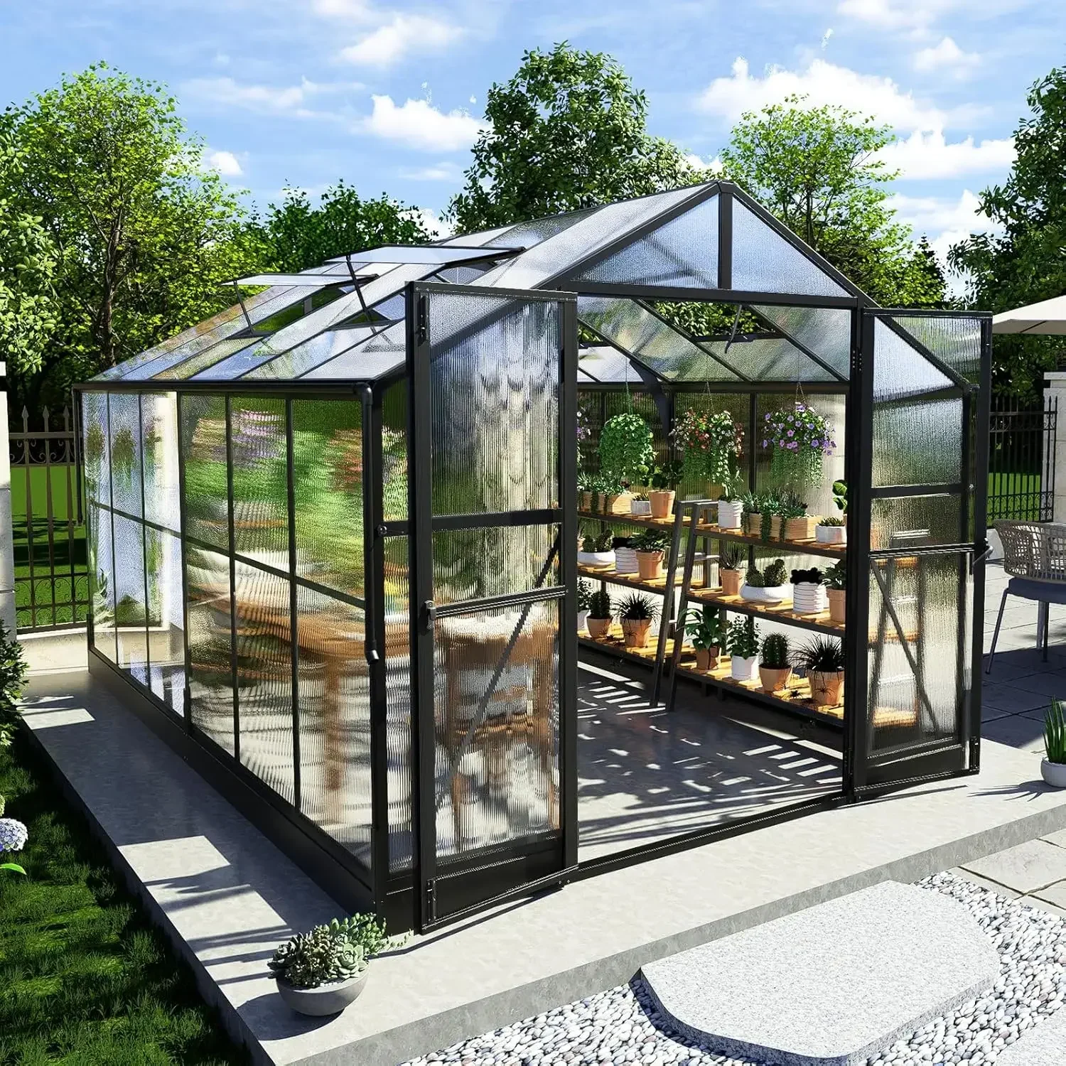 8x12x7 FT Polycarbonate Greenhouse- Walk-in Greenhouse with Quick-Connect System- 4 Vent Windows