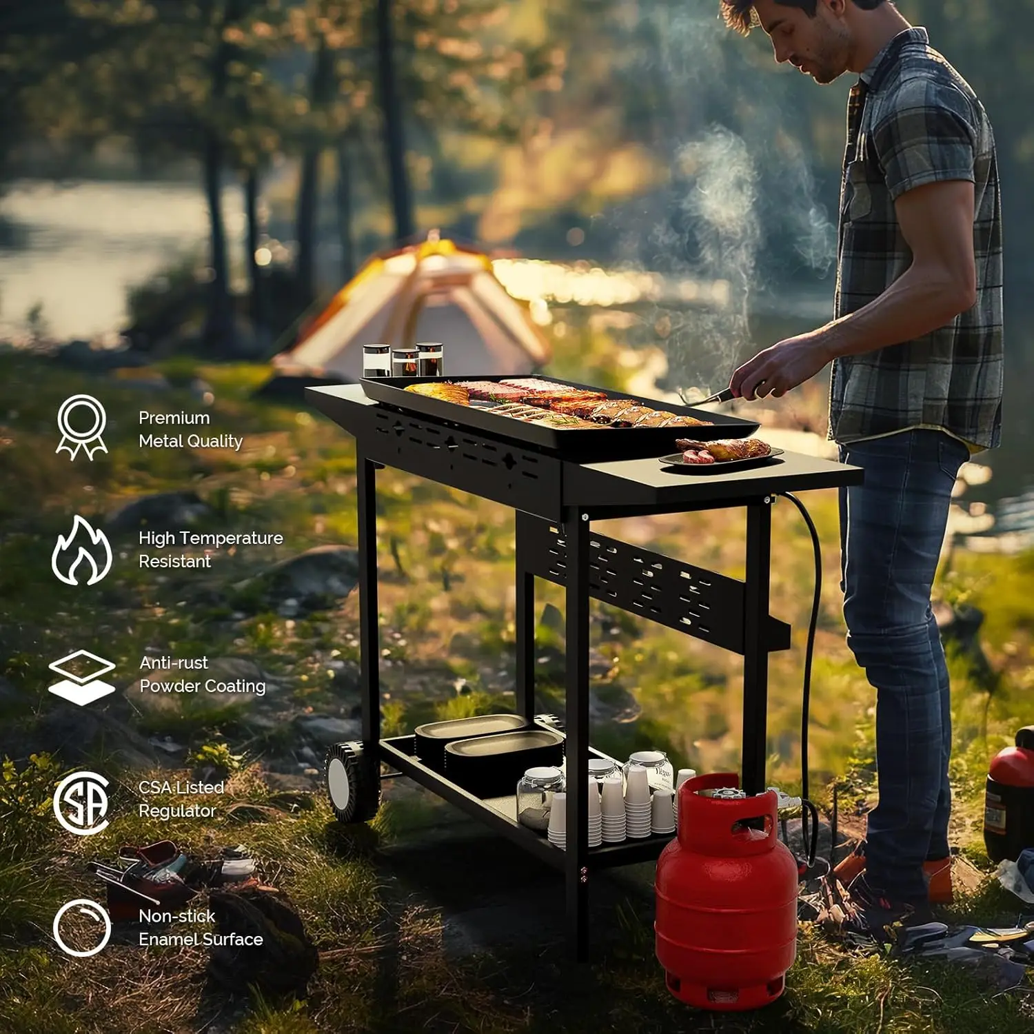 4-Burner Portable Propane Griddle- Nonstick Enameled Tray- 40000 BTU Rolling Flat Top Gas Grill- Electronic Ignition - Image 4