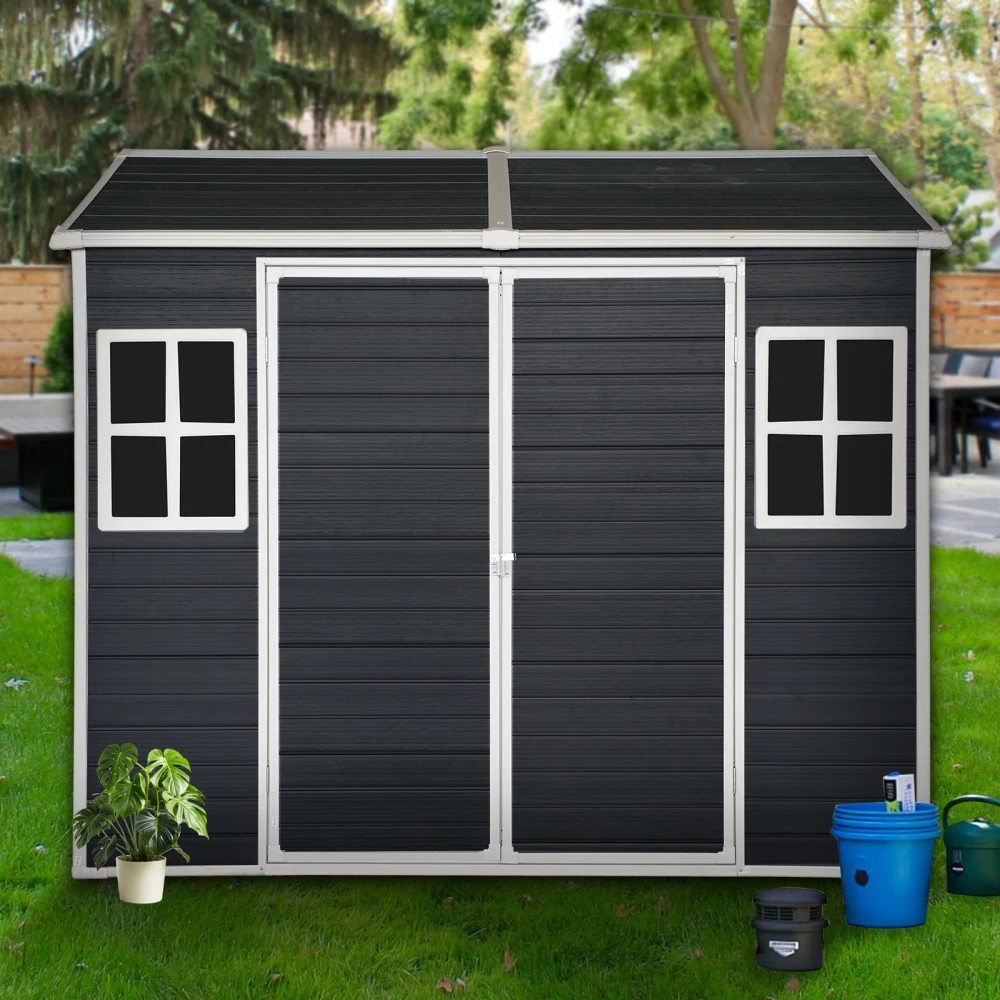 8x6ft Outdoor Resin Garden Shed with Floor and 2 Windows- Plastic Patio Storage Shed with Lockable Door
