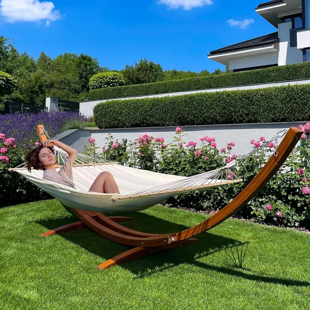 Outdoor 13 FT Hammock with Stand, 2 Person Heavy-Duty Wooden Hammock Stand- Large Hammock Bed for Porch, Patio, Balcony,